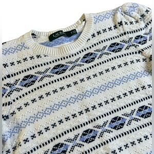 LAUREN RALPH LAUREN Fair Isle Cotton Knit Sweater Petite Small PS Cream Blue